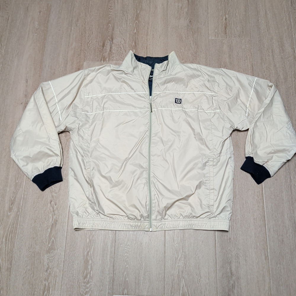 Wilson Mens Vintage‎ Windbreaker Track Jacket Tan Navy Blue Full Zip Size L